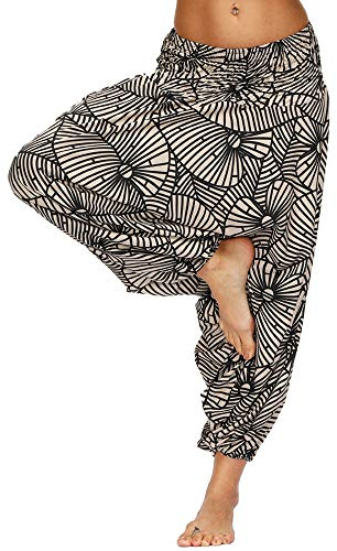 Nuofengkudu Women's Hippie Harem Trousers Drop Crotch Baggy High Waist Yoga Pants Aladdin Boho Thai Patterned Alternative Clothing Beach Party Holiday(W-Brown,One Size)