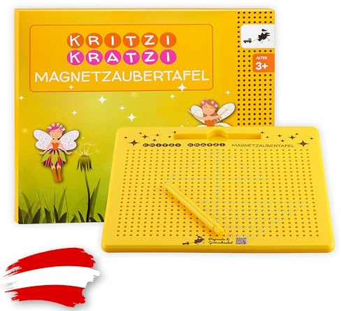 Magnettafel für Kinder ab 3 Jahren – Magnetische Zeichentafel mit 713 Kugeln und Stift - pädagogisches Motorikspiel - Förderung von Feinmotorik und Auge-Hand-Koordination - mit Tragegriff - gelb