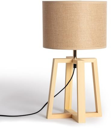 LEDKIA LIGHTING - Lampe à Poser Bois Korsade | Design Moderne pour Salon, Chambre, Cuisine | Compatible Ampoules E27 | IP20 pour Intérieur, Beige, Bois et Textile