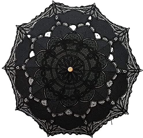 Lace Parasol Umbrella Vintage Wedding Bridal Lace Umbrella for Decoration Photo Tea Party Adult Size, Black,