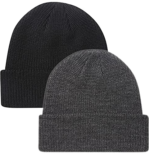 Paladoo Stickad mössa mössa skidmössa fiskare mössa för män kvinnor, 2-pack svart/grå ljung, en storlek