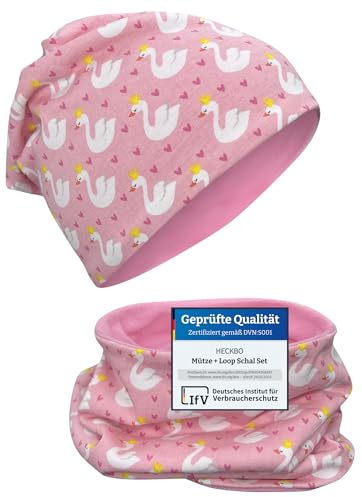 HECKBO Kinder Beanie & Loop Set - Schwan Motiv - Fleece weich - 95% Baumwolle - Pflegeleicht - Waschbar bei 40° - Rosa Mädchen (48–54 cm)
