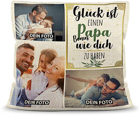 Kissen selbst gestalten Leinen Optik - mit 3 Fotos bedrucken - Glück ist einen Bonuspapa wie dich zu haben - Geschenk Vatertag Geburtstag Weihnachten - Fotokissen Natur inkl. Füllung, 40x40 cm