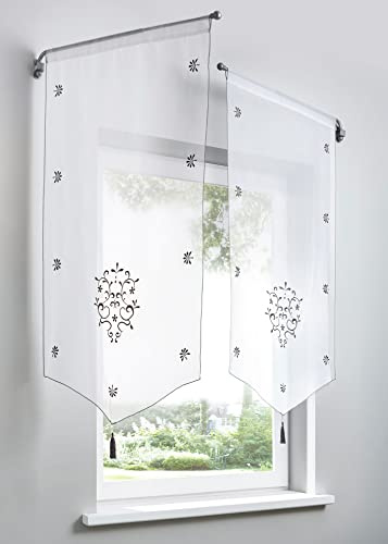 Devola Rideau brise-bise en voile avec broderie florale transparente, avec pompon, rideau avec cordon de serrage, 90 x 40 cm, gris