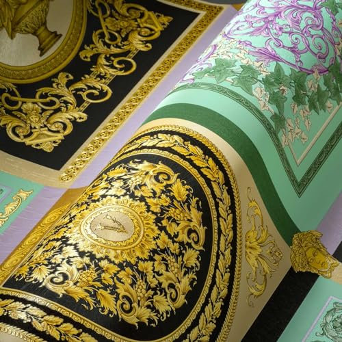 A.S. Création Versace Wallpaper Baroque Luxury Wallpaper Floral 387041 Mint Green Purple Black Gold Logo Medusa 10.05 x 0.70 m Made in Germany