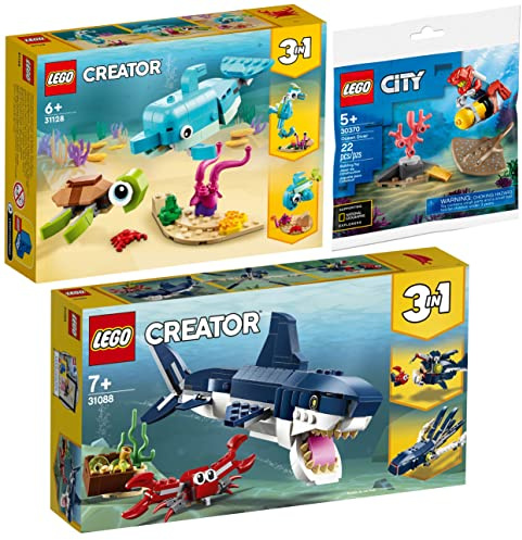 LEGO 3er Set: 31128 Delfin und Schildkröte, 31088 Bewohner der Tiefsee & 30370 Tiefseetaucher Polybag