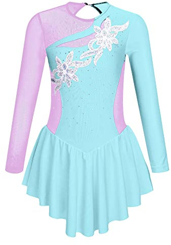 CHICTRY Eiskunstlauf Kleid Mädchen Langarm Rollschuhkleid Strass Glitzer Tanzbody Farbblock Patchwork Leotard Mit Wickelrock Dancewear Hellblau 134-140