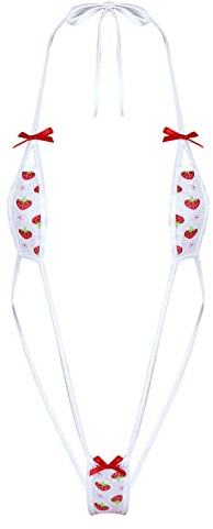 ZUYPSK Micro Bikini Set Bañador Sexy Mini Sling Shot Top y String con Fresas Patrón Lencería para Party Moto Playa, Blanco A, Talla única