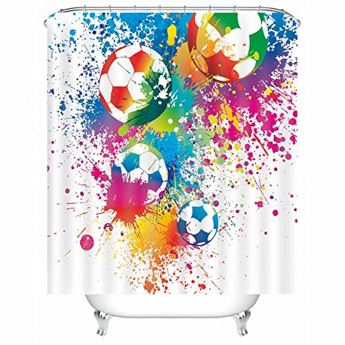 Whoiy Badevorhang Weiß, Duschrollo Um Die Ecke 150X200cm Polyester Shower Curtains Bunter Fußball für Badezimmer Badewanne