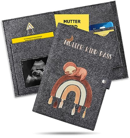 Mutter-Kind-Pass Hülle aus Filz – Regenbogen & Faultier Motiv – Mit Innenfächern für Impfpass, E-Card und Ultraschallbilder – Robuster Schutz, Liebevolles Geschenk für werdende Eltern in Österreich