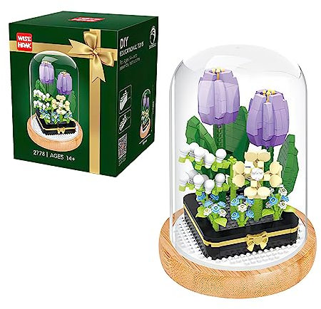 LUFEIS Blumen Bausteine Set, Rose Unsterblicher Blumenstrauß Baustein mit Schutzhülle, Kunstpflanzen Bausteine ​​​​für Erwachsene,Geschenk für Mama Freundin,Nicht Kompatibel mit Andere Marken(Violett)