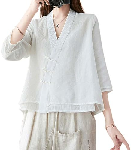 Hanfu Linen Loose Blouse 3/4 Sleeve V Neckline Chinese Traditional Clothes with Button Tops Summer 5-XL White