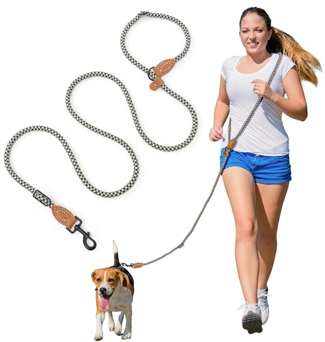 Mile High Life Hands Free Dog Leash, Crossbody Waist Leash with Genuine Leather Connection, Multifunctional Adjustable Slip Lead for Dog Walking Running (Black Khaki, 7FT)