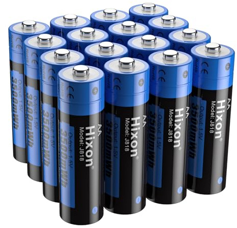 Hixon 1.5V AA Rechargeable Lithium Batteries, 3500mWh High Capacity Double AA Battery for Household Device, 1500 Cycle, Max 3A Discharge (16 Pack)