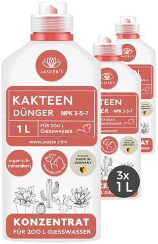 JASKER'S Kakteendünger flüssig 3 L - Kaktusdünger Konzentrat - 100% Schnelldünger - Kaktus Dünger für 600 Liter Gießwasser - Wurzel & Blatt Flüssigdünger - Kakteen Dünger mit Langzeitwirkung