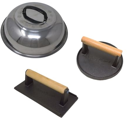 Vintage Gourmet Steak Press 3 Piece Set Burger Press Cast Iron Steak Weight Heavy Flat Top Griddle Grill Stainless Steel Baster Lid Included to Cover Burgers & Steaks Cook Safely & to Perfection