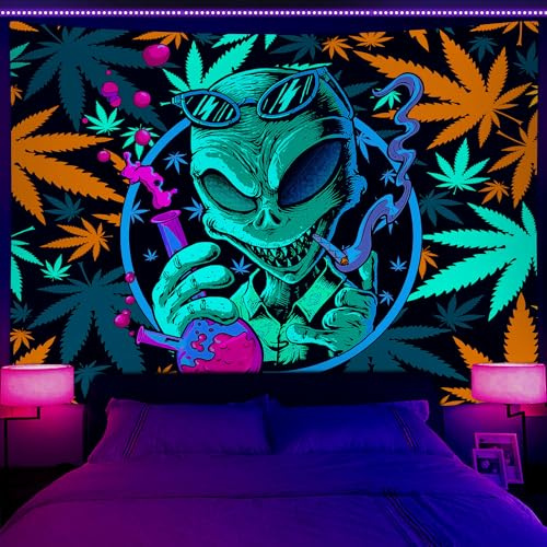 Wathon Trippy Weed Marihuana UV-reaktiv, Alien Marihuana-Blatt, Schwarzlicht-Wandteppich, Neon-Psychedelischer Batik-Steiner, leuchtet im Dunkeln, Party-Dekoration, 101,6 x 76,2 cm