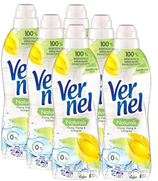 VERNEL Naturals veganer Weichspüler Ylang Ylang & Süßgras 6x 37 WL (222 Waschladungen), Wäscheduft mit 99% Inhaltsstoffen natürlichen Ursprungs, ohne Mikroplastik, recycelbar