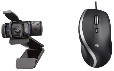 Logitech C920S HD Pro Webcam, Full HD 1080p/30fps Video Calling, Clear Stereo Audio & M500 Wired USB Mouse, High Precision 1000 DPI Laser Tracking, 7 Buttons, PC/Mac/Laptop - Black