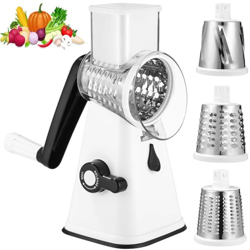 Rallador de Queso, Rallador multifuncional, Rallador Verduras con 3 Cuchillas de Tambor, Rallador Cocina de Corte más Rápido y Fácil, Cortadora de Verduras Ideal para Queso, Pepino, Zanahoria, Nueces