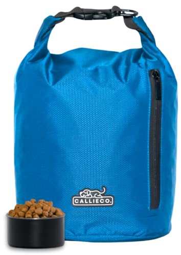 Callieco Dog Food Travel Bag w/ 1 Cup Scoop and Zipper Side Pocket | Waterproof Kibble Storage Container for Home, Road Trips, Camping, Boarding and More (Blue, 32 Cups)