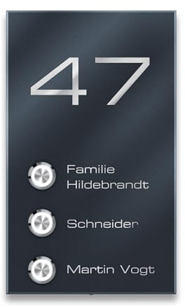 Metzler Mehrfamilienhaus Aufputz Türklingel in Anthrazit RAL 7016 - Gravur - wasserdichter LED-Taster - Befestigung mit Dämmstoffdübel möglich - modernes Design