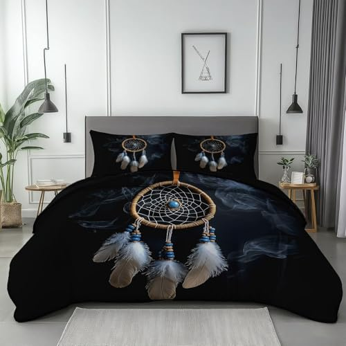 Minimalistisch Bettwäsche 150 x 200 cm, Weich Reversible Hypoallergen Bettwäsche-Sets, Feder Traumfänger Atmungsaktiv Mikrofaser Bettbezug mit Reißverschluss Für Teenager Erwachsener, Schwarz