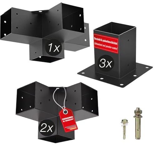 SOTECH-fäste SET 6-delat (2x hörnkopplingar + 1x centrumkopplingar + 3x jordhylsor) fyrkantig 100 x 100 mm stålgalvaniserat och svart pulverlackerat för maximalt korrosionsskydd