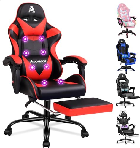 ALFORDSON Gaming-Stuhl Massage Gamer-Stühle, ergonomisch Bürostuhl Schreibtischstuhl, höhenverstellbarer PC-Stuhl, 180 kg, Einziehbare Fußstütze, Drehstuhl Neigungswinkel 150°, PU-Leder, Rot