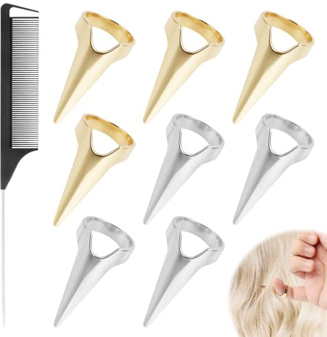 Herramienta De Trenzado De Pelo, 8 Anillos de Trenzado de Metal, 1 Peine de Punta de Aguja de Acero Negro, Herramienta de Separación y Seleccionar de Pelo Dedo Retro de Uñas
