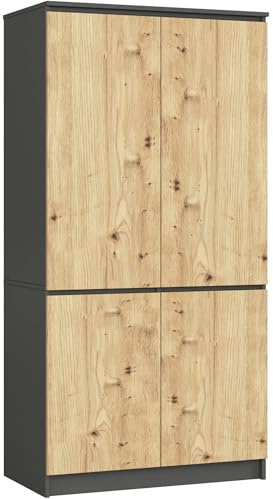 AKORD Schrankaufsatz S90 90 cm | Kleiderschrank mit 4 Türen | Garderobenerweiterung | Erweiterung für einen Kleiderschrank | B90 x H180 x T51 cm | Gewicht 66,6 kg | Graphitgrau/Artisan Eiche