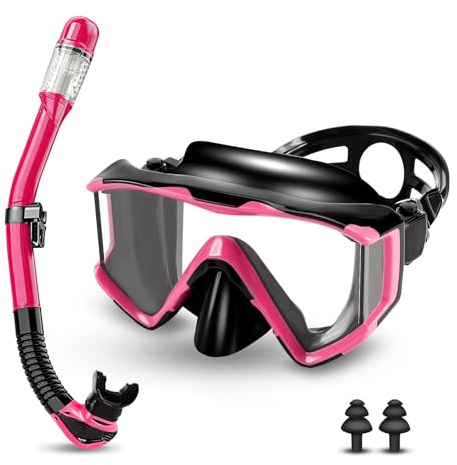 Masque Plongée Adulte, Lunettes de plongée panoramiques 180°,Masque de plongée Anti-buée Anti-Fuite, avec lentille en Verre trempé, Ensembles de Tuba pour la plongée en apnée et la plongée (Noir/Rose)