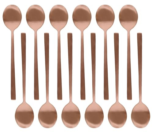 Argon Tableware 12 Stainless Steel Teaspoons – 14.5cm Copper Finish Modern Cutlery Set for Tea, Coffee & Desserts – Stylish Dishwasher Safe Tableware