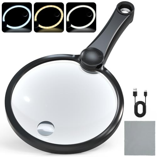 IMICHI 130MM große Handheld-Lupe 3 Farbtemperatur Licht mit 49 Anti-Flicker-LEDs, 20X HD optisches Glaslinse, 3 Stunden aufladbare Batterie- Ideal für Lesen, Handwerk, Senioren und Hobbyisten