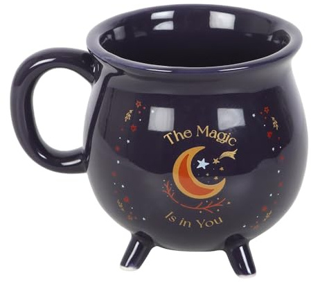 The Magic Is in You Tasse chaudron en céramique bleu nuit avec étoiles dorées et croissant de lune, design magique pour les amateurs de thé et de café, passe au micro-ondes, idéal pour les amateurs de