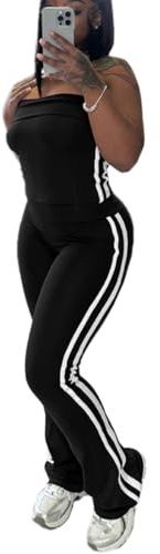 HBQ Women 2 Piece Outfits Strapless Crop Top Flare Pants-Black-2XL