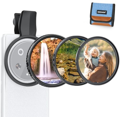 NEEWER 67mm Variable ND Filter Set Compatible with Android, 3 Pack Clip On CPL Circular Polarizing + ND2-32 + Black Diffusion 1/4 Phone Camera Lens Filter Photography Accessories Kit, FL-B38