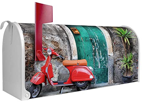 banjado Amerikanischer Briefkasten - US Mailbox/Letterbox mit Motiv Motiv Italienischer Roller 51x22x17cm - Postkasten Stahl aus Amerika – Briefkasten amerikanisch weiß pulverbeschichtet