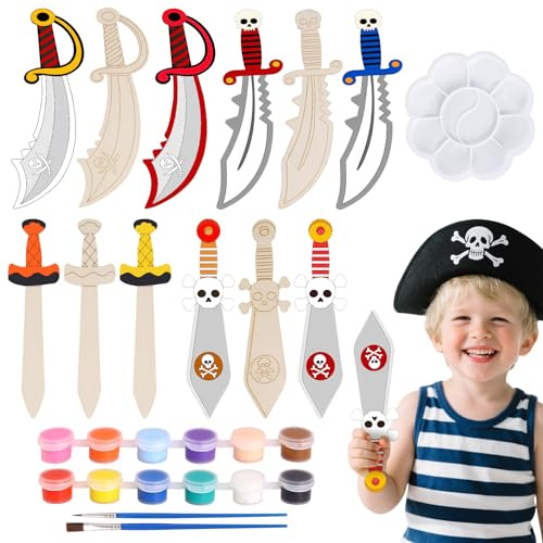 RICKMASK Piratsvärd för barn: Piratsvärd i trä hantverksset med 12 färger, 1 fototallrik och 2 penslar, piratdekoration, barns födelsedag