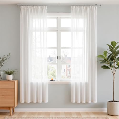 Vangao Gardinen mit Kräuselband für Schienensystem 2er Set H200xB140cm Weiß | Vorhang 200 cm lang, Wohnzimmer Schlafzimmer Kinderzimmer Fenster, Vorhang Weiss Halbtransparent Lichtdurchlässig Curtains