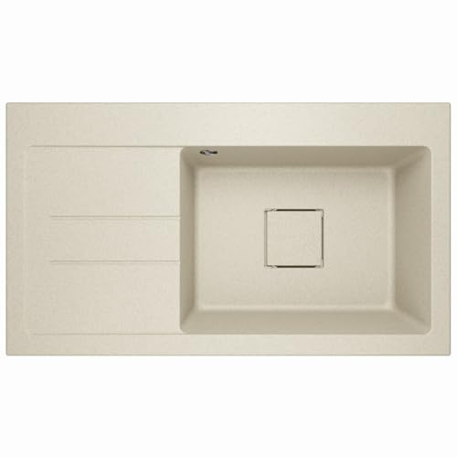Lavello Fregadero de granito de color arena, profundo empotrable, 88 x 50 cm, 1 lavabo con escurridor desagüe oculto, resistente a arañazos y reversible, incluye juego de desagüe