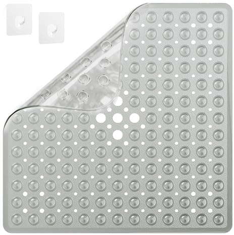 SRIWATANA Duschmatte rutschfest Antirutschmatte Duscheinlage 53x53cm Grau | inkl. 2 Haken, Duscheinlage Duschteppich BPA Frei Shower Mat Non-Slip Schimmelresistent & Maschinenwaschbar