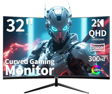 ZZA 32 Inch Curved Gaming Monitor, QHD 2560x1440, Ultra 300Hz & 240Hz Refresh Rate, Computer Monitor VA Panel,1500R, 1ms, HDR, AMD FreeSync Premium, NVIDIA G-SYNC Compatible