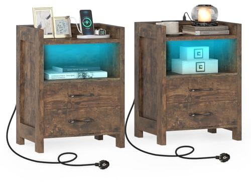 COSTWAY Nachttisch mit LED-Lichtern und Ladestation, 2er Set, Beistelltisch mit 2 Schubladen, offenen Fächern & Fernbedienung, Sofatisch, Nachtschrank für Boxspringbett, 45 x 35 x 60 cm