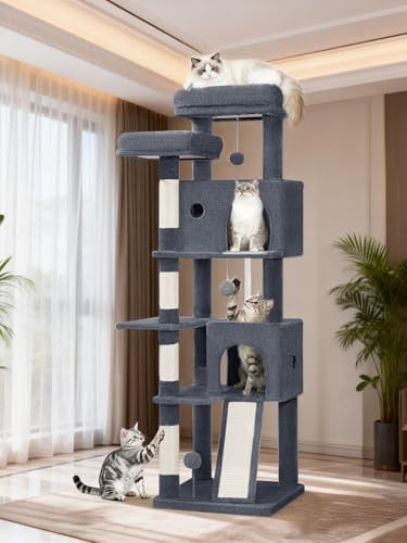 Fobyfurny Kattklätterträd för Inomhuskatter, 152 cm Högt Kattklätterträd, Klätterträd i Flera Nivåer med Klösstolpar, Klösbräda, 2 Mysiga Hus, 2 Sittplatser, Pomponger, Viloplats, Mörkgrå FPMS004FG2