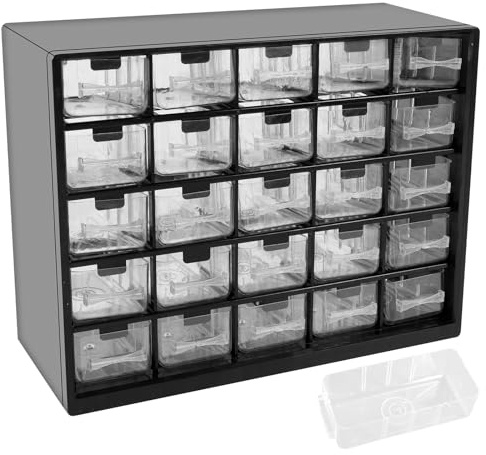 Zhjiutak 25 Drawers Stackable Storage Cabinet with 50 Removable Dividers, 29.3x22.5x12.3cm Clear Desk Organizer for Hardware Craft Tools, Drawer Parts Containers Cabinet (black)