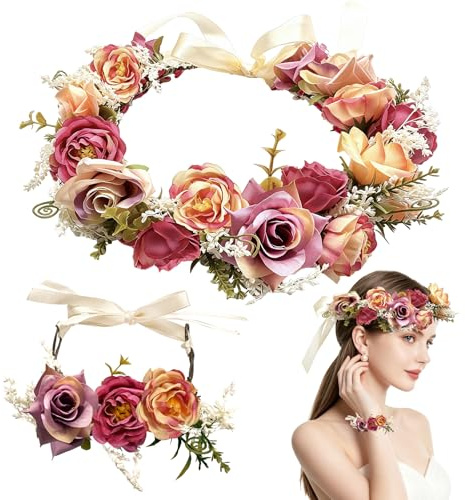 TZEKING Blume Krone,Braut Haarschmuck mit Armband Set,Hochzeitsgirlande Haarkranz mit Verstellbarem Haarband,Blume Krone Stirnband für Braut Damen Mädchen,Haarschmuck für Hochzeit Party Festival