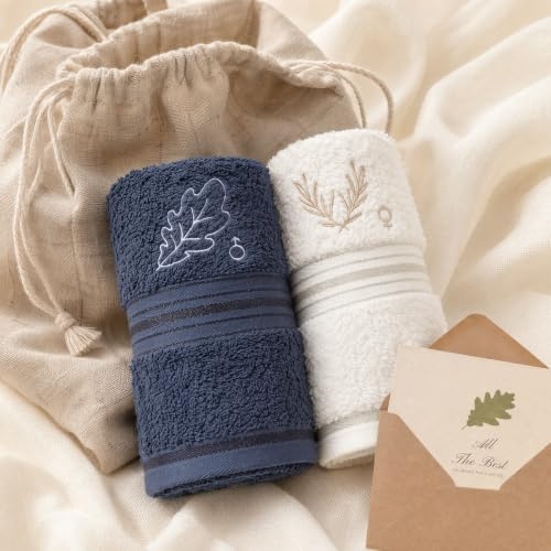 Cimvidi 35x75cm Handtuch Set, Hochzeitsgeschenke für Brautpaar | Bestickt Handtücher, Eichenblatt und Olivenblatt Stickerei, mit Leinensäckchen und Grußkarte zur Hochzeit Verlobung Jahrestag