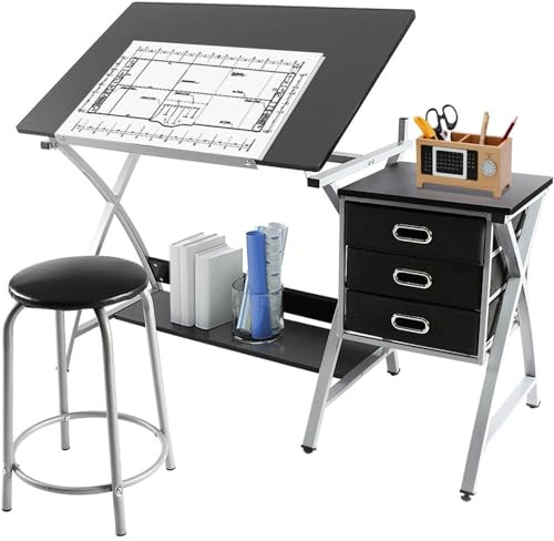 Yaheetech Drafting Table with Storage & Stool, Adjustable Art Drawing Desk