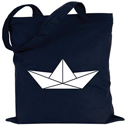 JUNIWORDS Jutebeutel - Wähle ein Motiv & Farbe - Origami Papierboot (Beutel: Marine Blau, Motiv: Weiß)